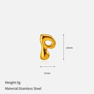 Detail view of 3D gold letter P pendant showing 18mm height and stainless steel texture
