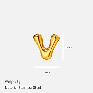 Polished stainless steel gold letter V pendant showing dimensions 18mm height and 19mm width