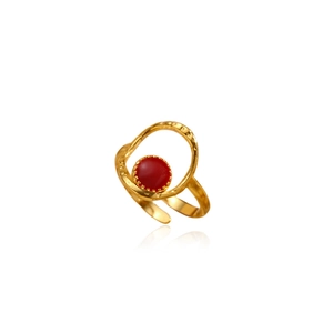Bague dorée ajourée irrégulière avec pierre rouge et anneau ouvert texturé pour femme