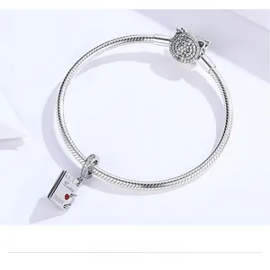 Detail of 925 silver charm bracelet featuring a love letter book pendant and crystal cat clasp
