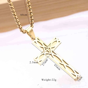 Detailed view of gold stainless steel cross pendant with 60cm pearl chain and dimensions