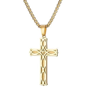Gold stainless steel Irish knot cross pendant necklace with brushed metal finish