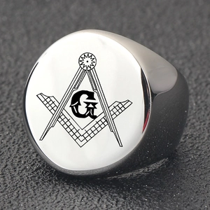 Detailed view of Freemason symbol engraved on a 22mm silver-tone stainless steel ring