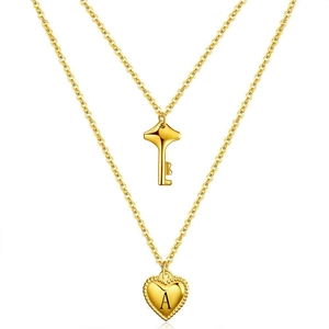Collana in Acciaio al Titanio a Doppio Strato da Donna con Pendente a Forma di Cuore e Chiave Lettera Iniziale Oro Argento