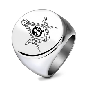 Vintage 304 Stainless Steel Freemasonry Signet Ring For Men Round Laser Engraved Freemason Square Compass Minimalist Ring Jewelry