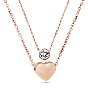Collar de doble capa en oro rosa de 18K con colgante de corazón y piedra de circón