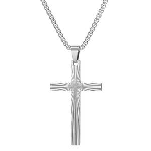 Vintage 50mm stainless steel cross pendant necklace with radiant striped texture on box chain