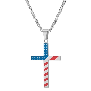 50MM stainless steel cross necklace with American flag design on a silver box chain