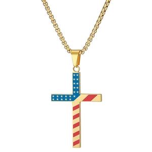 Golden 50mm stainless steel cross necklace with American flag design on white background