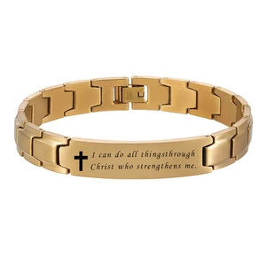 Golden stainless steel 12mm link bracelet featuring laser engraved cross and bible verse