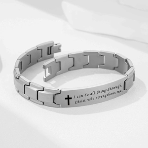 Polished silver stainless steel cross bracelet with engraved religious bible verse text