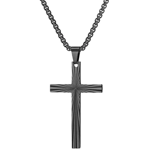 Gun black striped 50mm stainless steel cross pendant with box chain for women