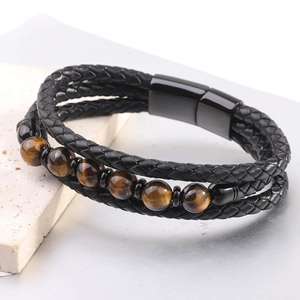 Pulsera multicapa de cuero trenzado negro para hombre con cuentas de piedra ojo de tigre pulidas