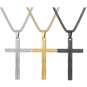 Vintage 304 Stainless Steel Cross Pendant Necklace With Sunburst Texture Box Chain For Men Women Religious Jewelry