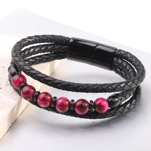 Pulsera de Cuero Trenzado de Varias Capas para Hombre Con Cuentas de Piedra Natural Estilo Geométrico Retro Joyería Regalo