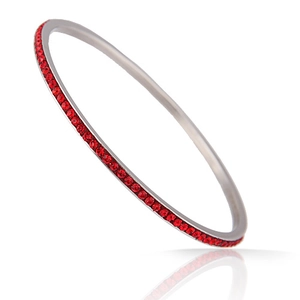 Macro shot of minimalist stainless steel bracelet with red crystals in micro-pave setting