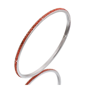 Polished silver stainless steel bangle featuring a continuous row of red crystal rhinestones