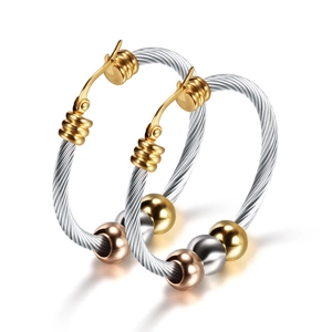 Roestvrij Stalen Gedraaide Kabel Oorbellen Met Goud Zilver Roségoud Driekleurige Kralen Sieraden Voor Dames