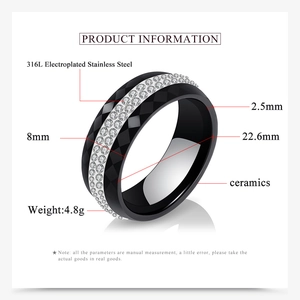 Detailed view of 8mm black ceramic ring with triple-row zircon inlay and dimensions