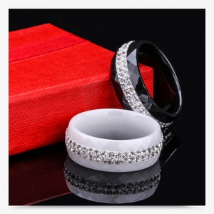 Detail view of 8mm faceted black and white ceramic rings set with double row zircon stones