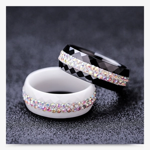 Macro shot of 8mm ceramic rings featuring double rows of rainbow rhinestones and faceted finish