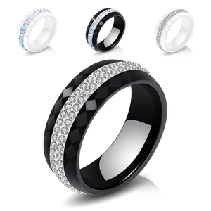 Minimalist Faceted Ceramic Stainless Steel Ring For Women Double Row Rhinestone Inlaid Fashion Jewelry Black White Ring