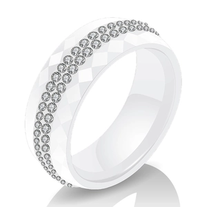 8mm white ceramic ring with double-row sparkling crystals and geometric faceted design