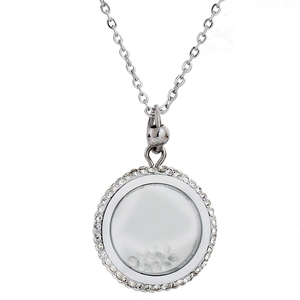 Polished titanium steel floating locket necklace with sparkling crystals and silver chain