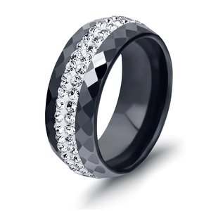 Black ceramic 8mm ring with double-row crystal inlay and geometric faceted surface