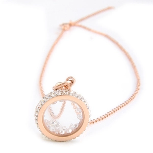 Rose gold stainless steel hollow round pendant necklace with sparkling crystal inlay