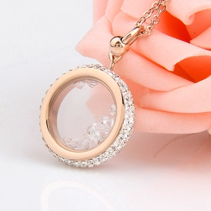 Rose gold stainless steel floating locket necklace with sparkling rhinestones for women