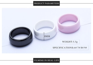 Detail showing 8mm ceramic rings in black, white and pink with weight and size parameters