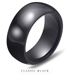 Macro shot of 8mm classic black dome ceramic ring with a high-polished mirror finish