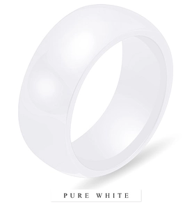 Close-up of 8mm wide band polished white ceramic ring with a smooth round profile