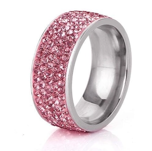 Macro detail of silver ring featuring 5 rows of pave-set pink cubic zirconia stones