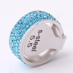 8mm stainless steel ring with five rows of light blue cubic zirconia pavé on white background