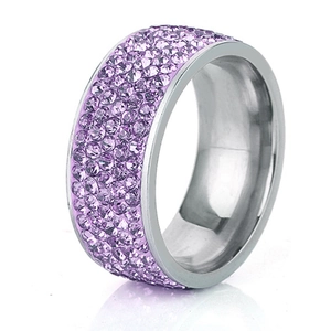 Minimalist 8mm wide silver ring with five rows of sparkling purple crystals for women