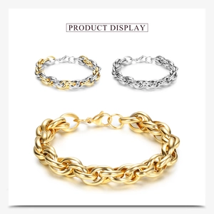 Macro detail of 10mm punk stainless steel twist chain bracelets in gold and silver