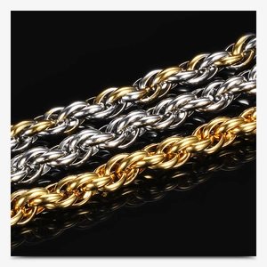 Macro shot of 10mm punk twist chain bracelets in gold, silver, and two-tone finishes