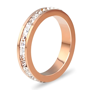 Detailed side view of 4mm rose gold eternity ring with square cubic zirconia stones