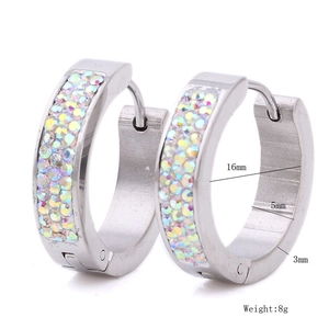 16mm rainbow rhinestone stainless steel hoop earrings with 5mm wide three-row crystal inlay