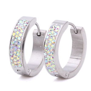 Stainless steel hoop earrings with multi-row AB crystals and polished finish