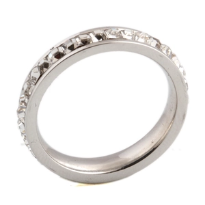 Close-up of a 4mm silver eternity ring featuring a full row of baguette-cut cubic zirconia