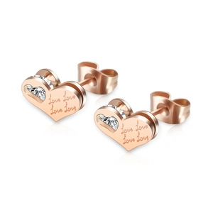 Roségouden hart oorbellen met sprankelend diamant kristal en Love gravure tekst