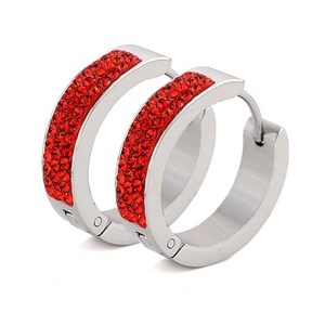 Minimalist 5mm stainless steel hoop earrings with three rows of red crystals for women