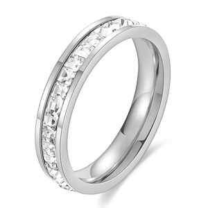 Minimalist 4mm silver-toned channel set eternity ring with square cubic zirconia stones