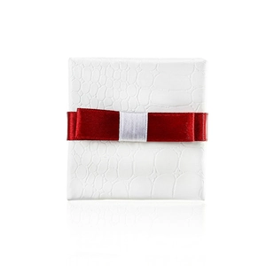 Square jewelry gift box featuring white crocodile texture and a red satin ribbon bow