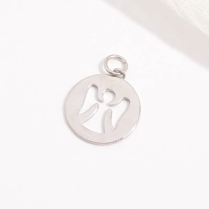 Macro shot of S925 sterling silver angel pendant with hollow design and small hallmark