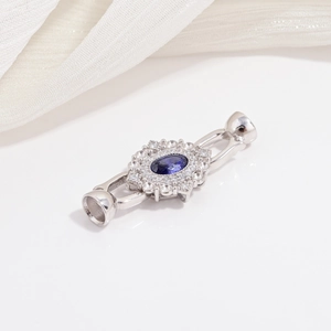 S925 sterling silver connector clasp with oval blue stone and white zircon pave setting