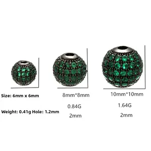 Three sizes of 6mm to 10mm green micro-pave round beads in black sterling silver